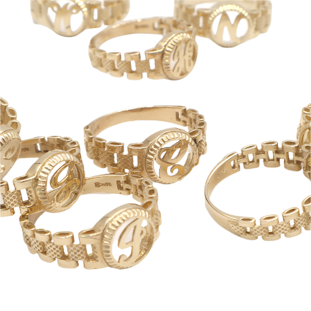 10K Solid Yellow Gold Round Cursive Initial Ring