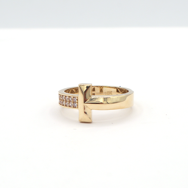 10K Solid Yellow Gold Rectangle Hook CZ Ring