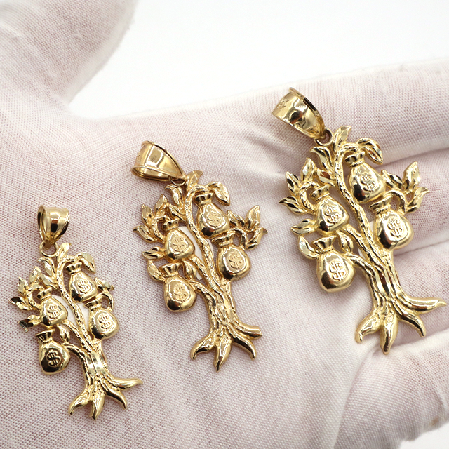 10K Solid Yellow Gold Money Bag Tree Pendant