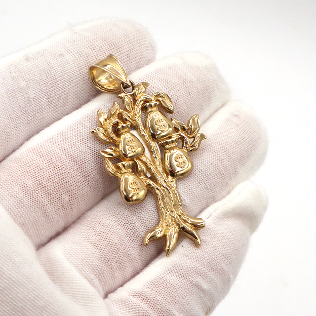 10K Solid Yellow Gold Money Bag Tree Pendant