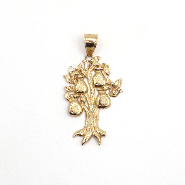 10K Solid Yellow Gold Money Bag Tree Pendant