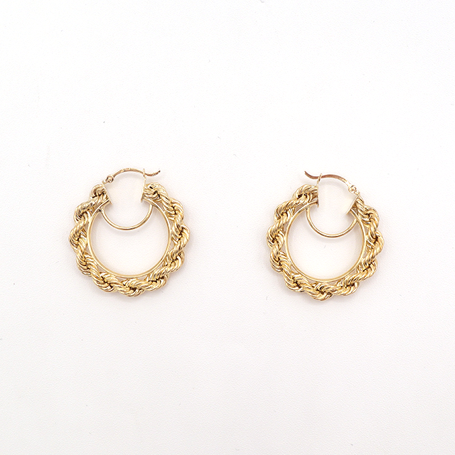 10K Solid Yellow Gold Diamond-Cut Rope Chain Hoop Earrings