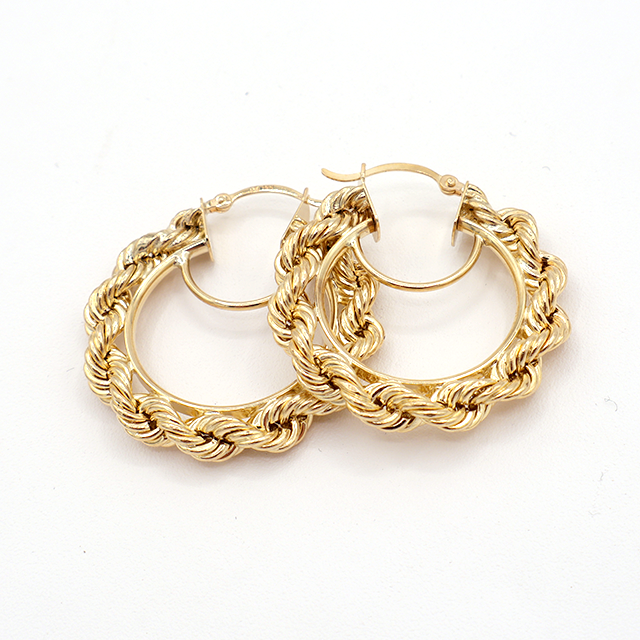 10K Solid Yellow Gold Diamond-Cut Rope Chain Hoop Earrings