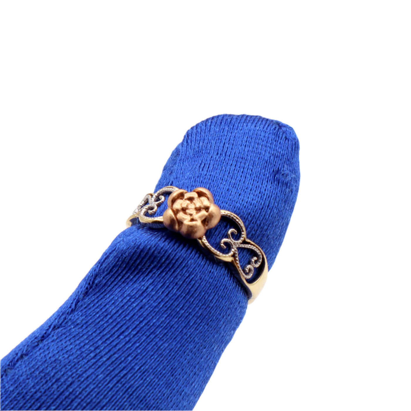 14K Solid Yellow Gold CZ Rose Head Heart Band Statement Ring