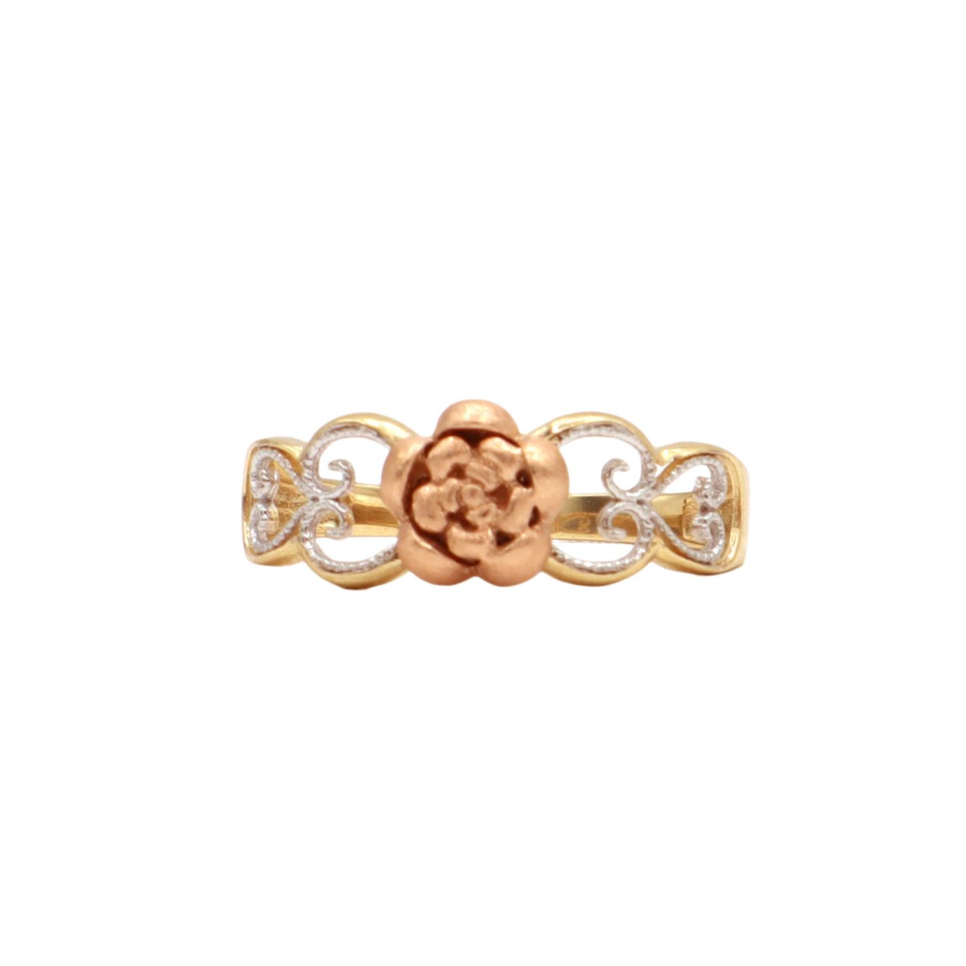 14K Solid Yellow Gold CZ Rose Head Heart Band Statement Ring