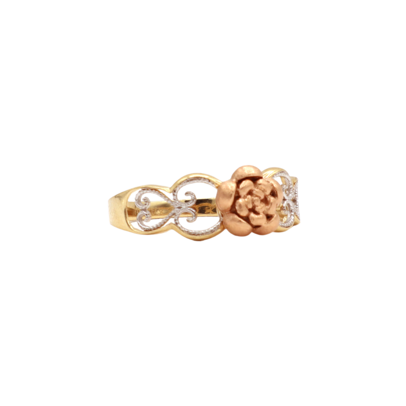 14K Solid Yellow Gold CZ Rose Head Heart Band Statement Ring