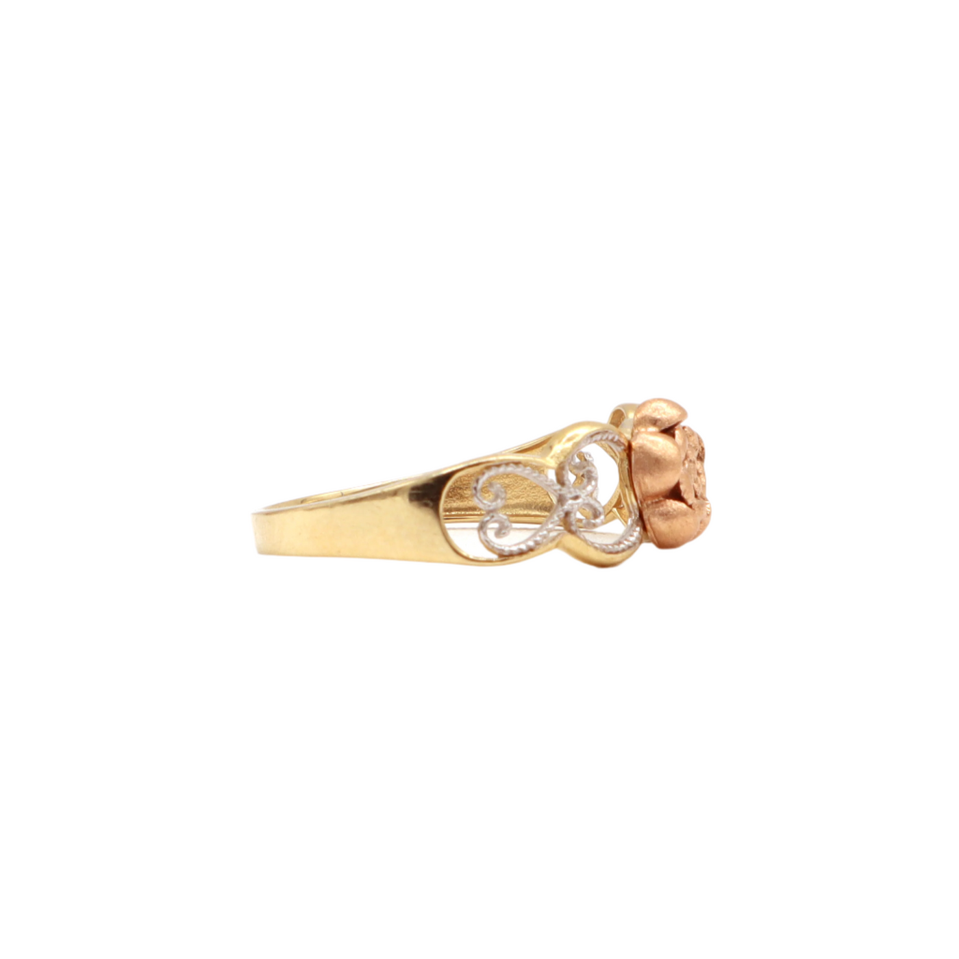 14K Solid Yellow Gold CZ Rose Head Heart Band Statement Ring