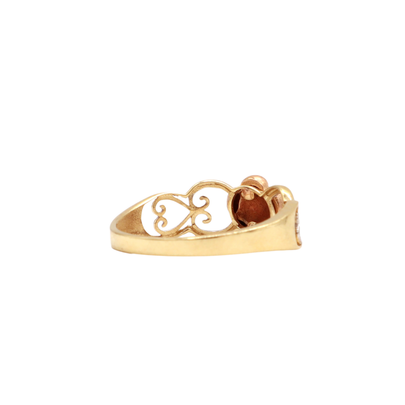 14K Solid Yellow Gold CZ Rose Head Heart Band Statement Ring