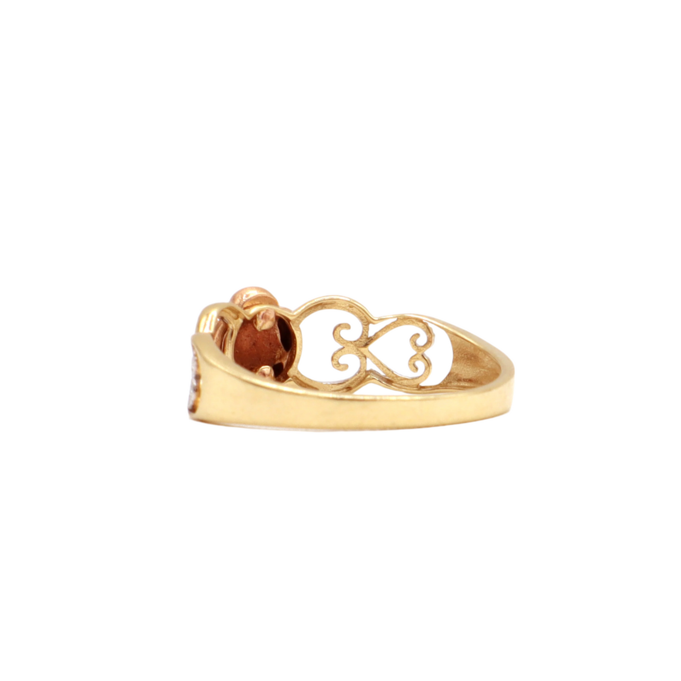 14K Solid Yellow Gold CZ Rose Head Heart Band Statement Ring