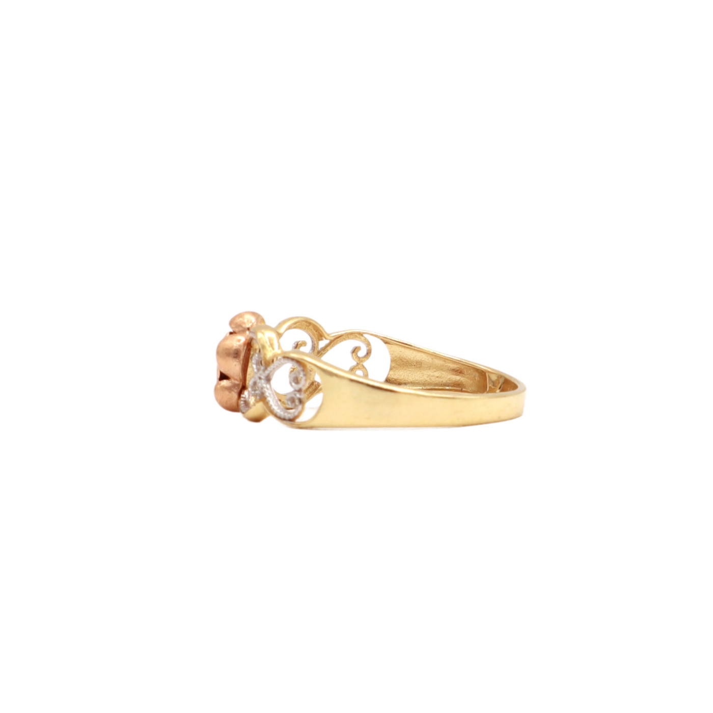 14K Solid Yellow Gold CZ Rose Head Heart Band Statement Ring