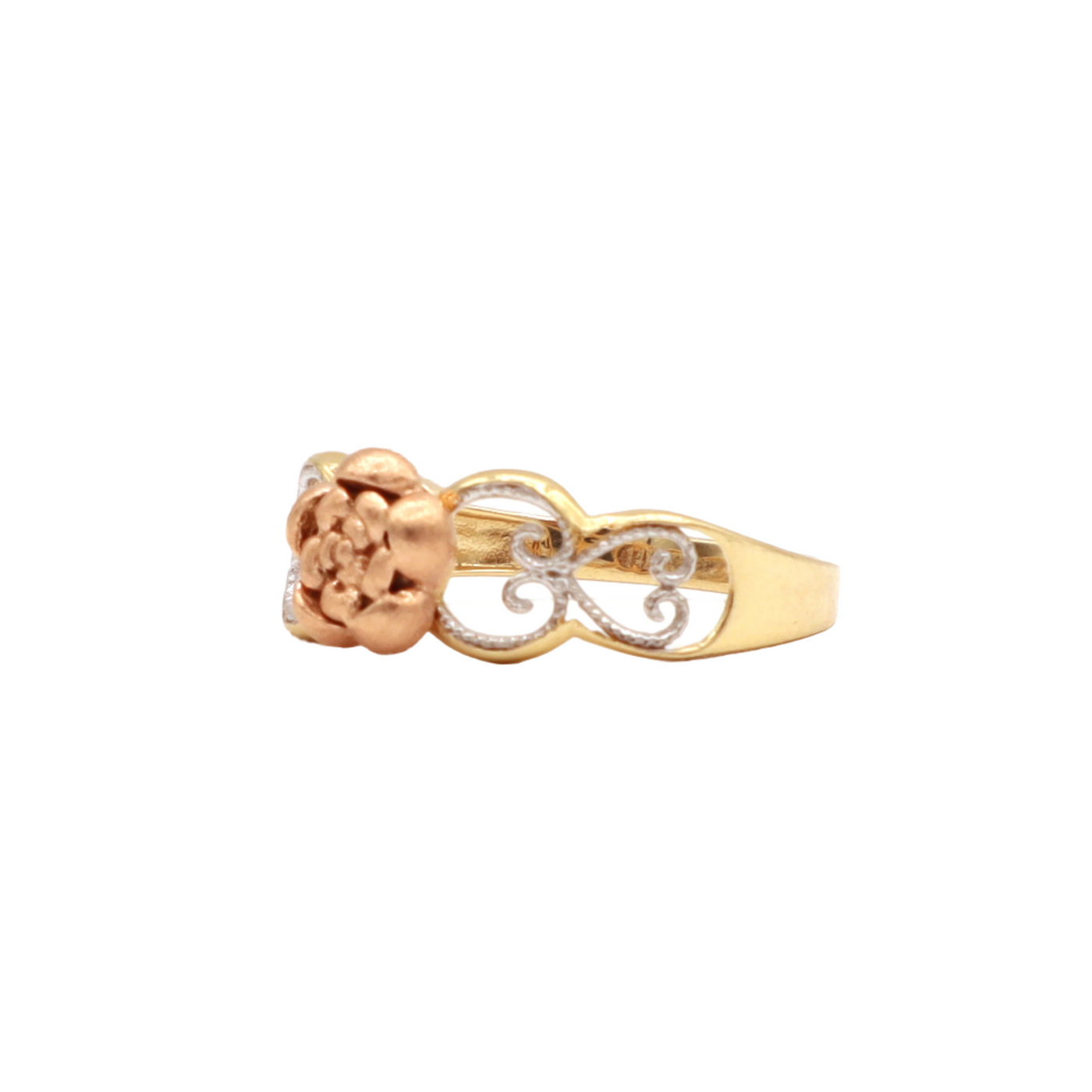14K Solid Yellow Gold CZ Rose Head Heart Band Statement Ring
