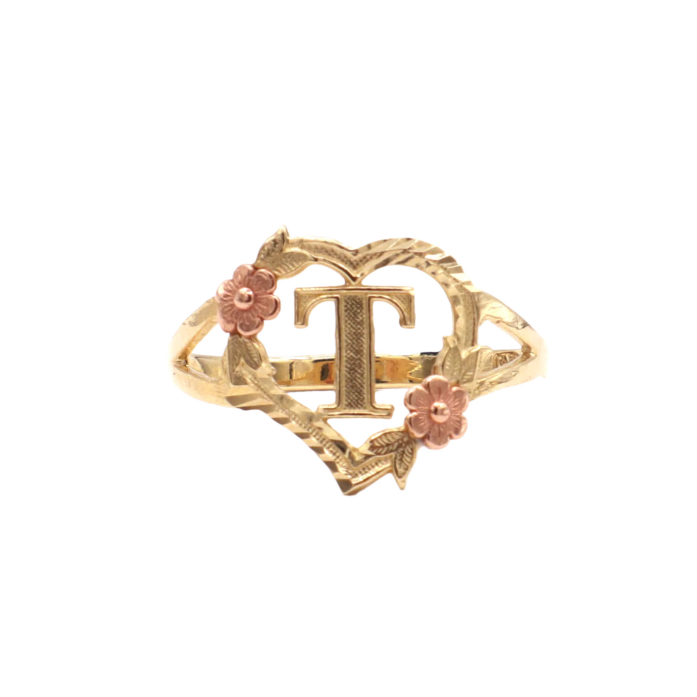 10K Solid Yellow Gold Rose Initial Ring