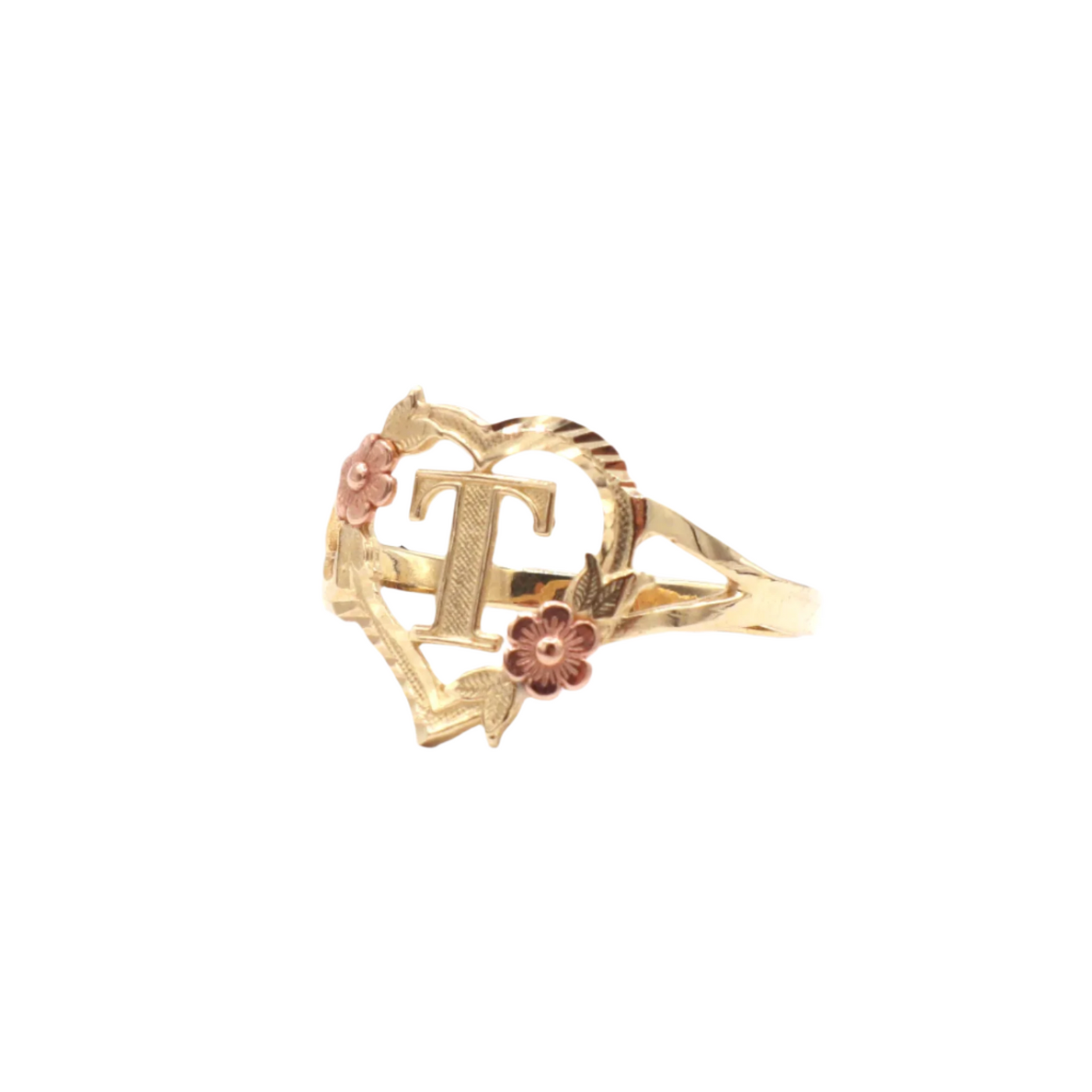 10K Solid Yellow Gold Rose Initial Ring