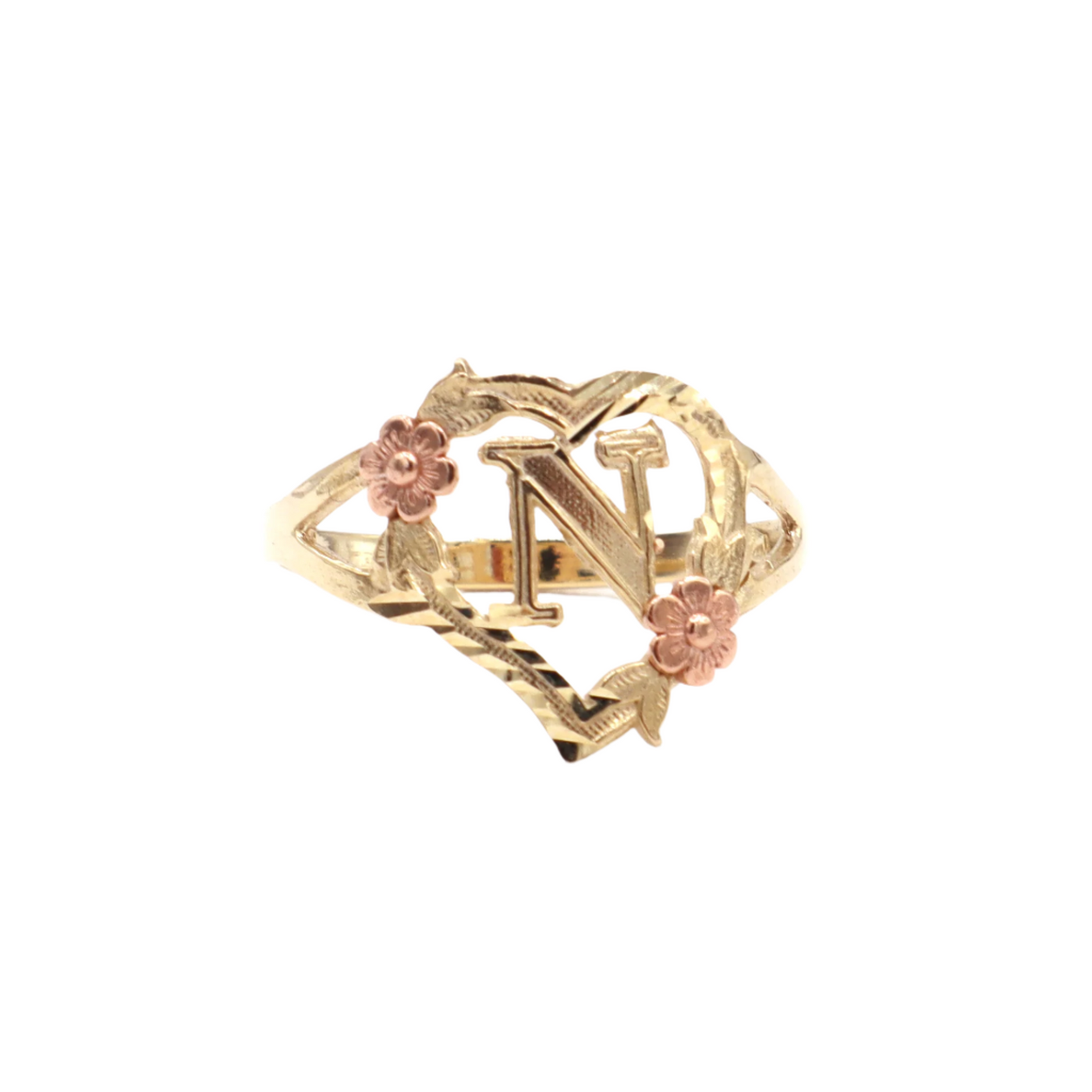 10K Solid Yellow Gold Rose Initial Ring