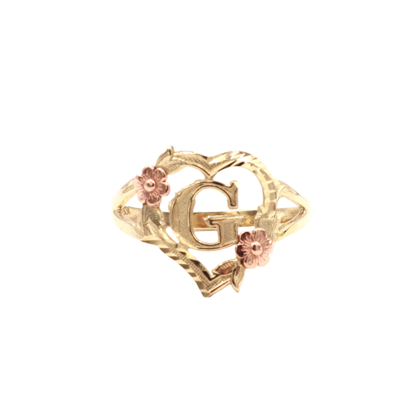 10K Solid Yellow Gold Rose Initial Ring