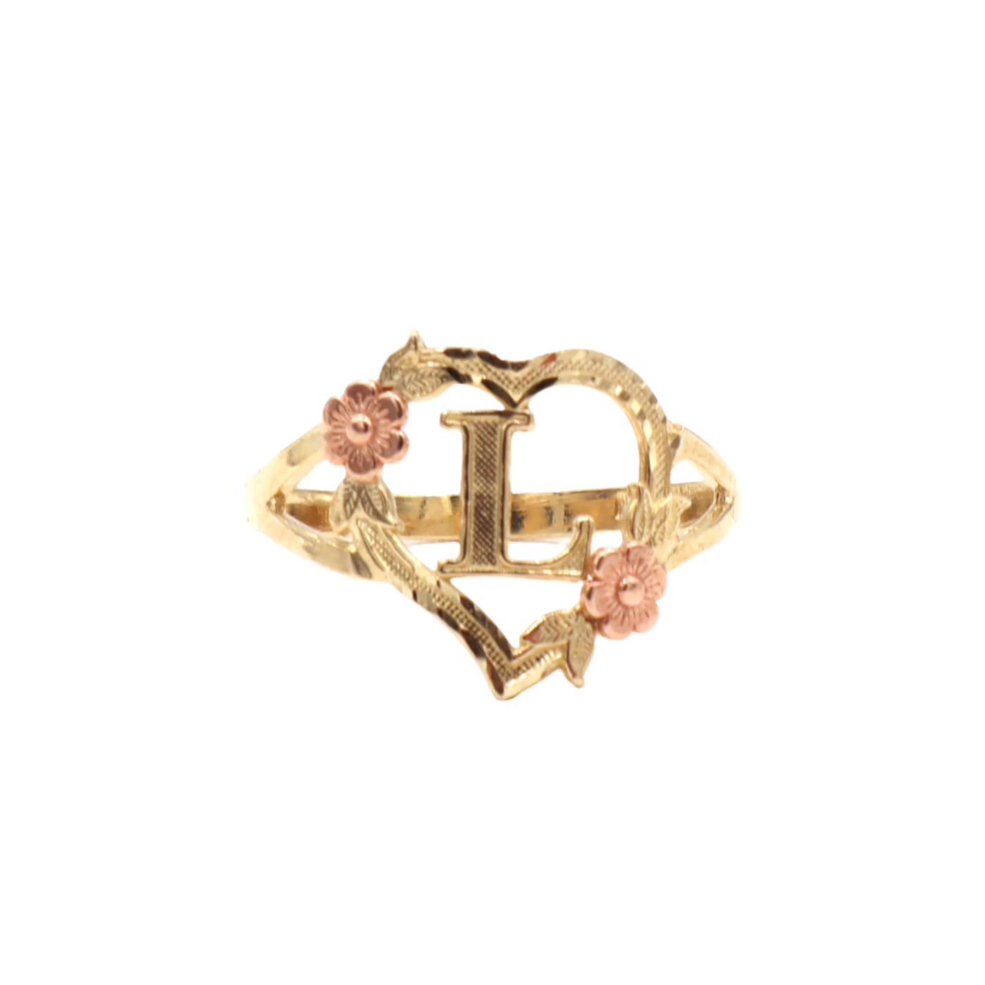 10K Solid Yellow Gold Rose Initial Ring