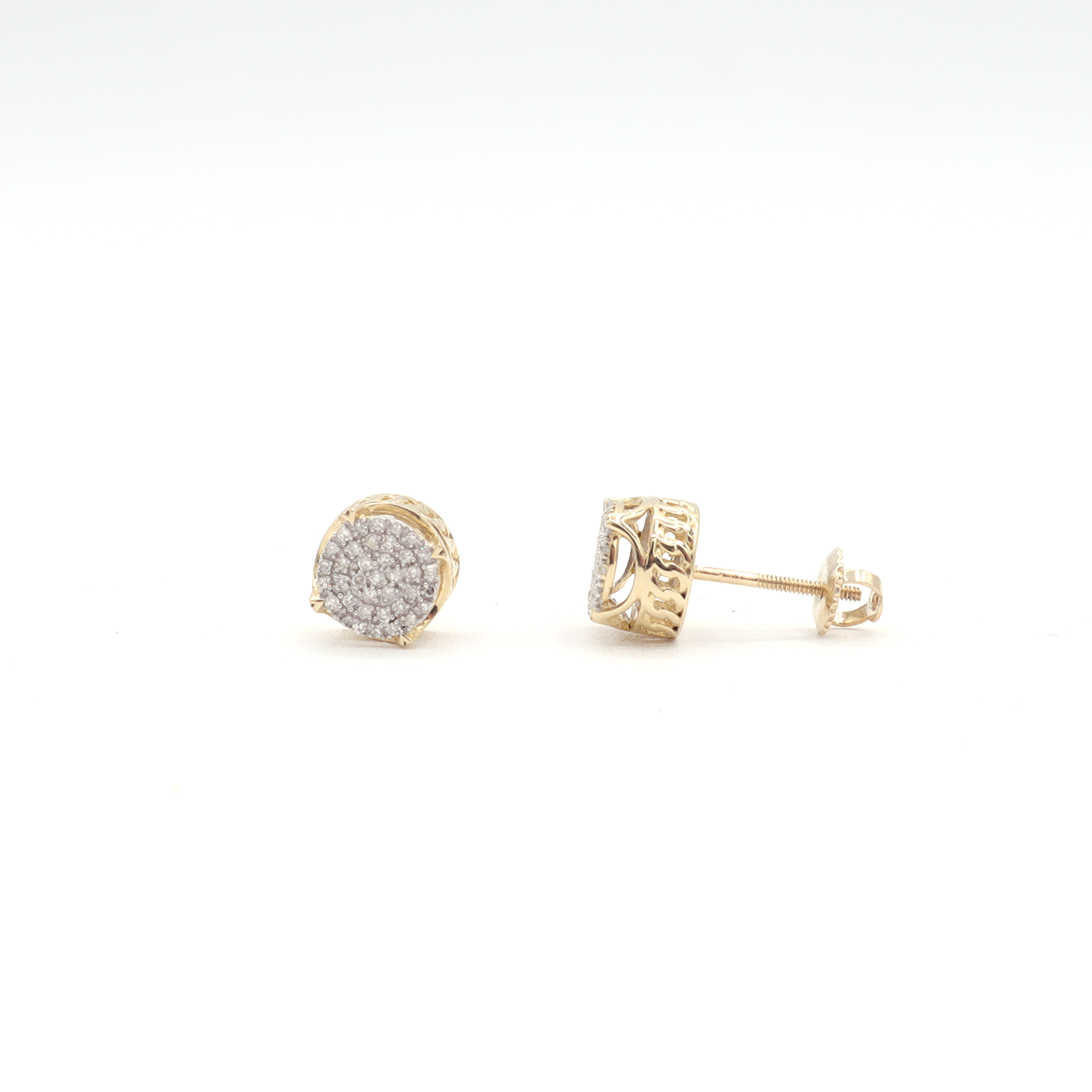 10K Solid Yellow Gold Round Pave Diamond Stud Earrings