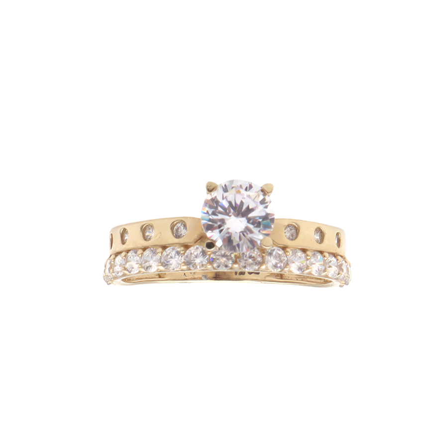 10K Solid Yellow Gold Round CZ Two-Layer Love Band Engagement Ring