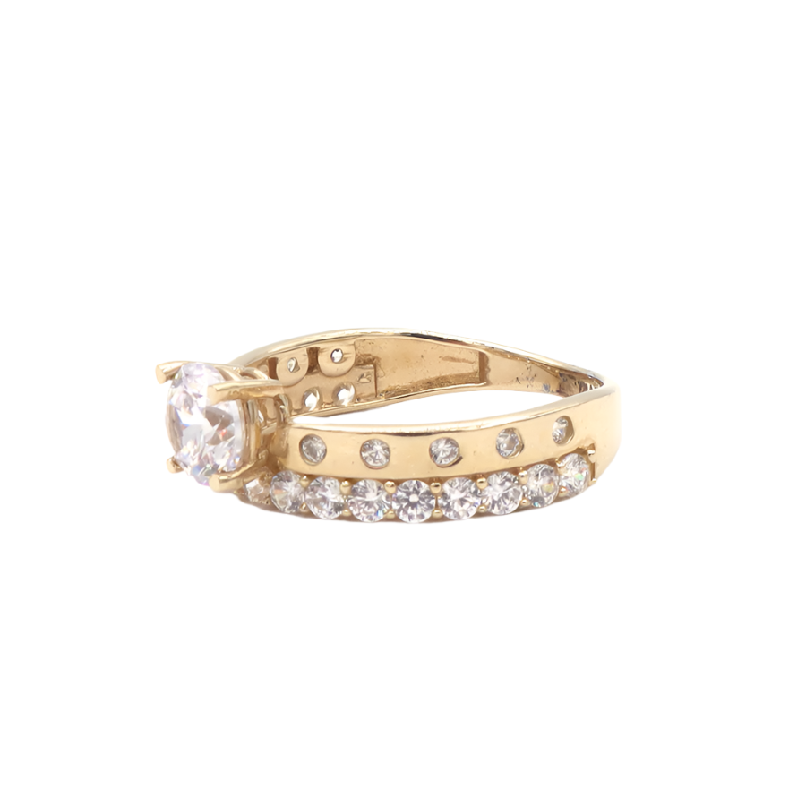 10K Solid Yellow Gold Round CZ Two-Layer Love Band Engagement Ring