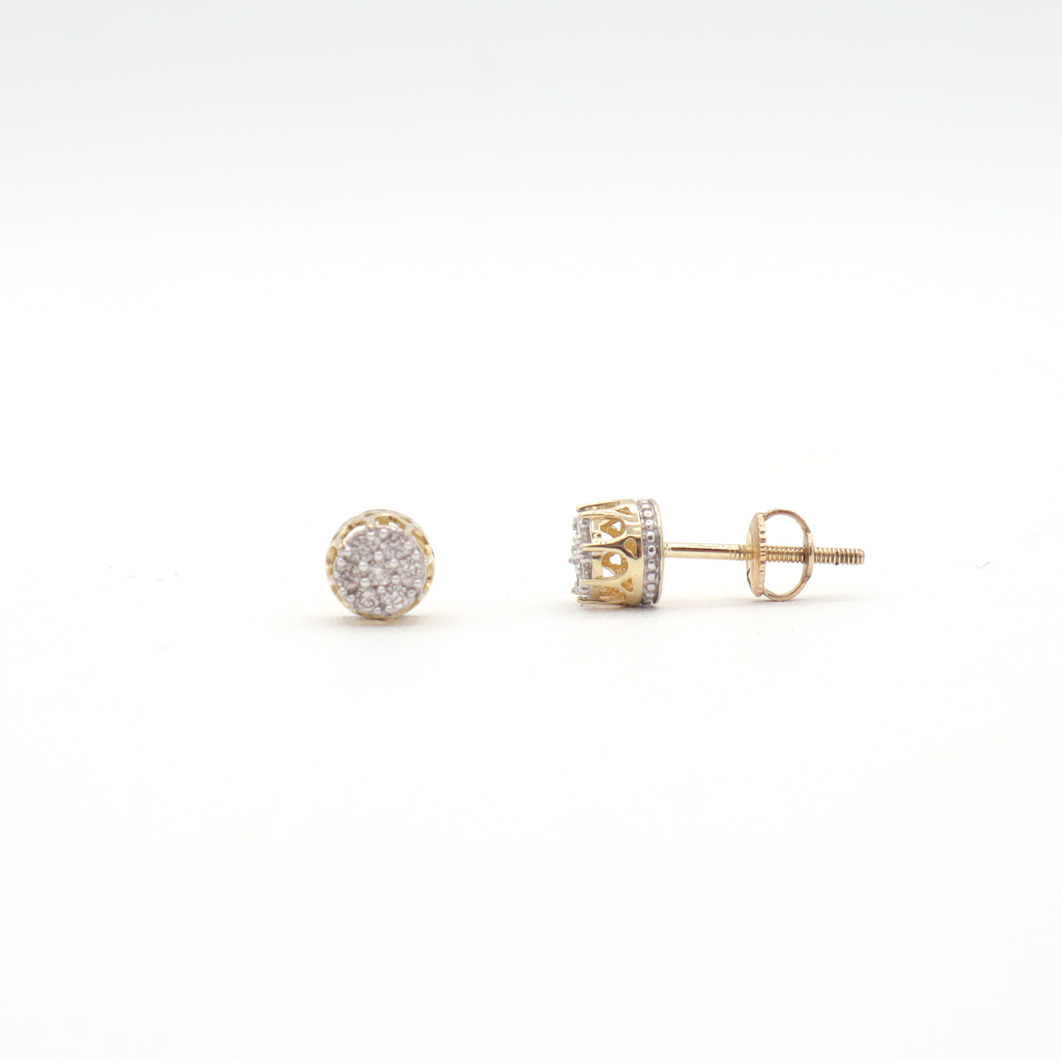10K Solid Yellow Gold Crown Pave Diamond Stud Earrings
