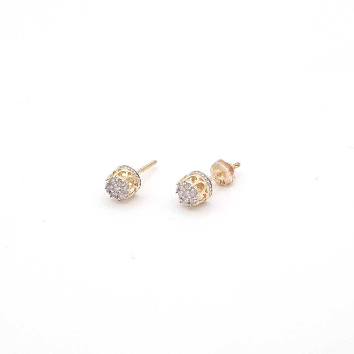 10K Solid Yellow Gold Crown Pave Diamond Stud Earrings