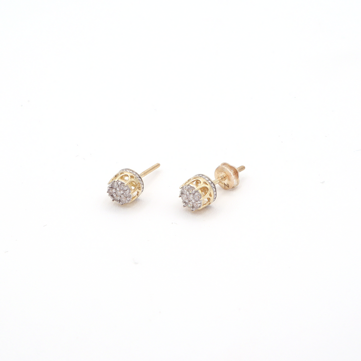 10K Solid Yellow Gold Crown Pave Diamond Stud Earrings