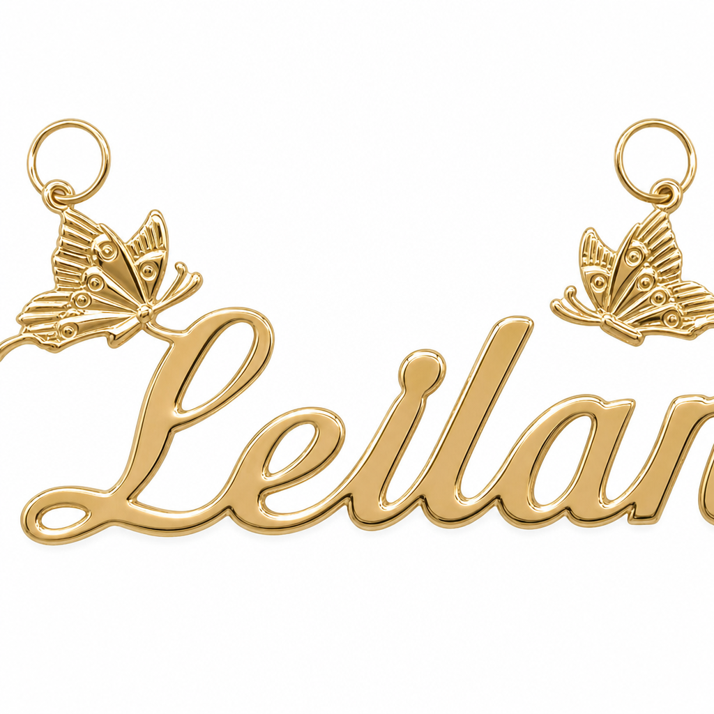 Leilani 10K solid gold nameplate, detail view