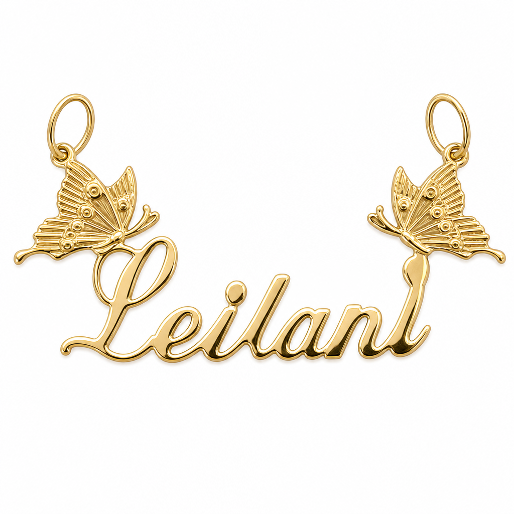 Leilani 10K solid gold nameplate, front view