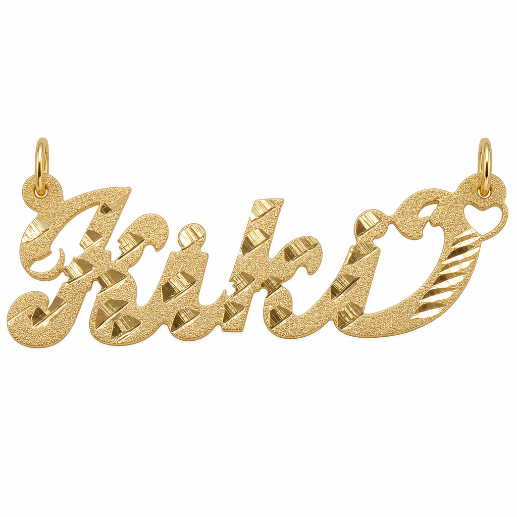 Kiki 10K solid gold nameplate, front view