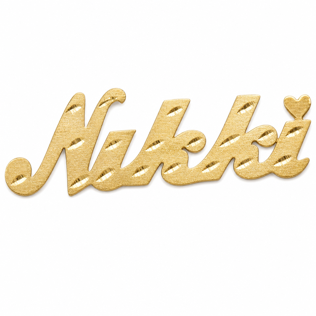 Nikki 10K solid gold nameplate, detail view