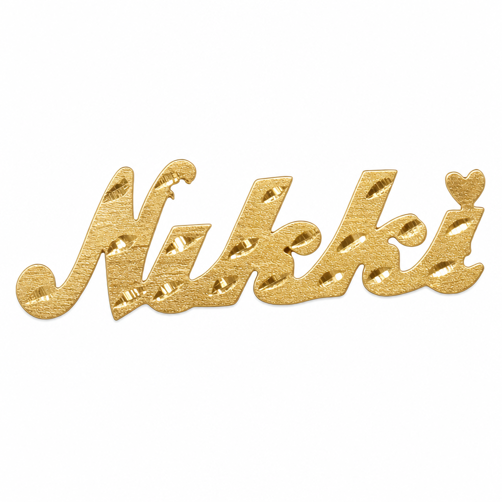 Nikki 10K solid gold nameplate, front view