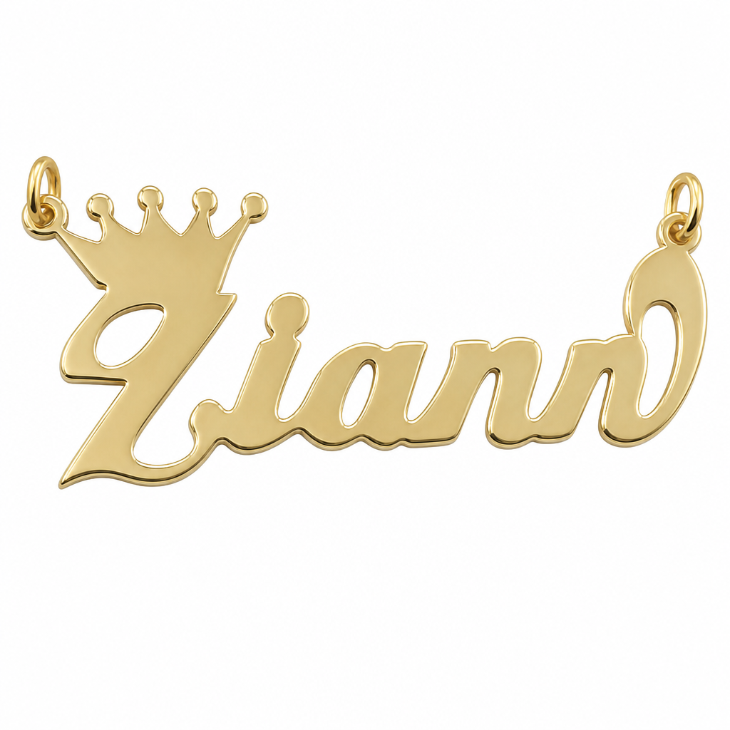 Ziann 10K solid gold nameplate, detail view
