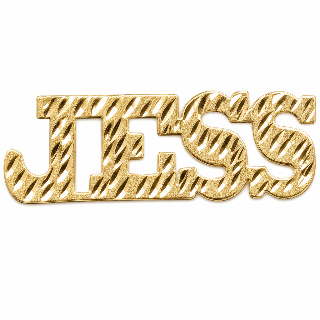 JESSE 10K solid gold nameplate, detail view