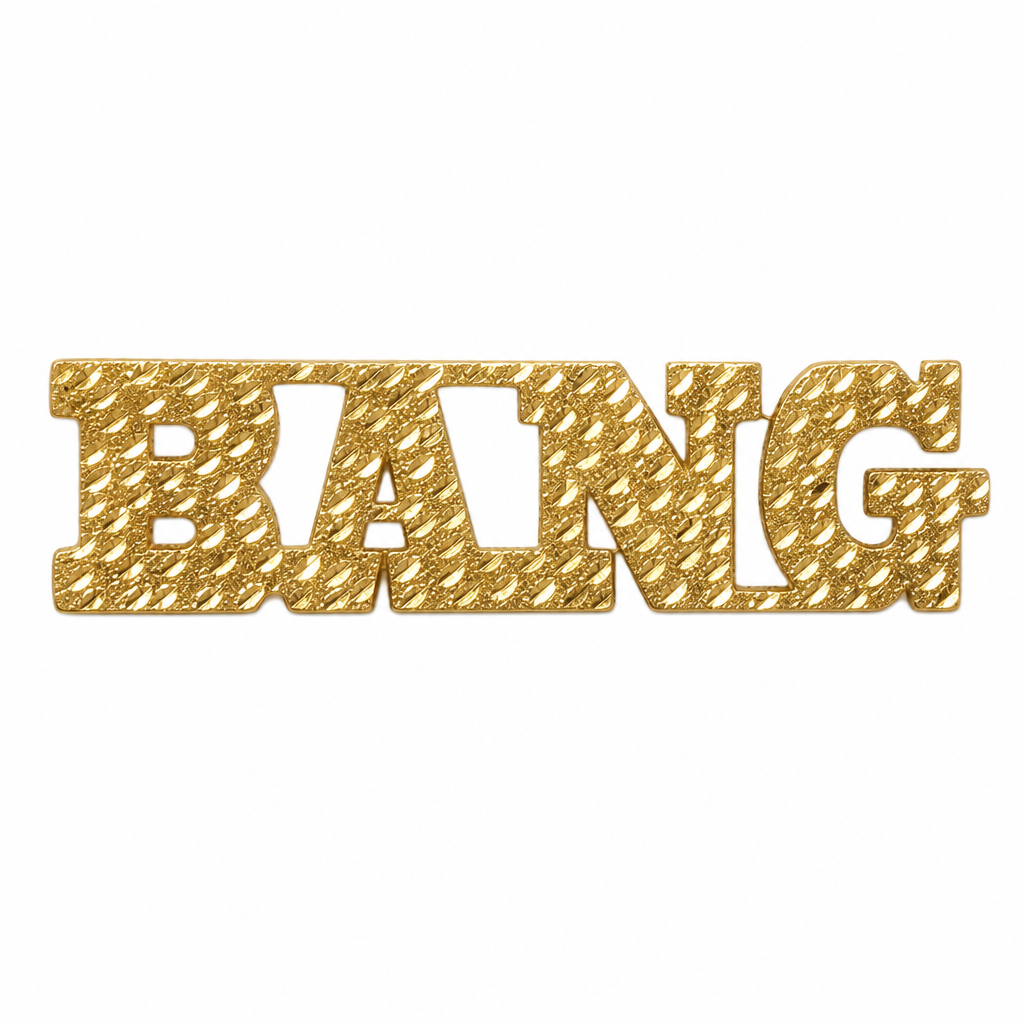 BANG 10K solid gold nameplate, front view