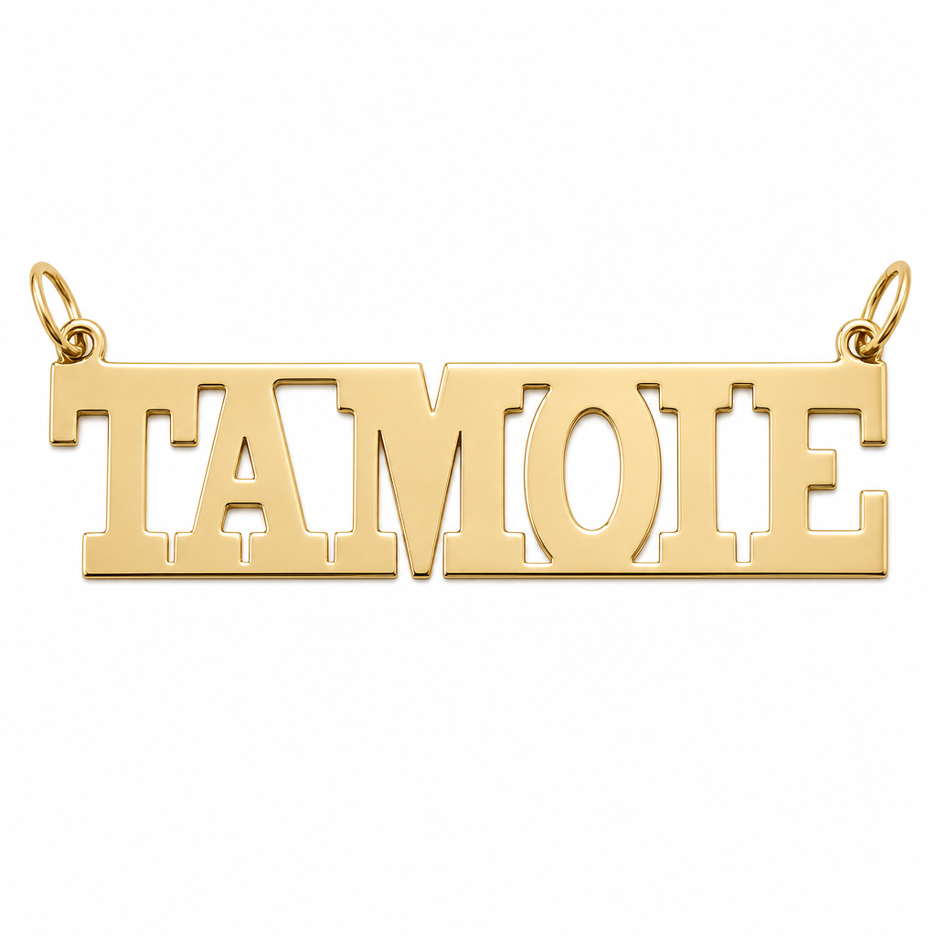 TAMOIE 14K solid gold nameplate, front view