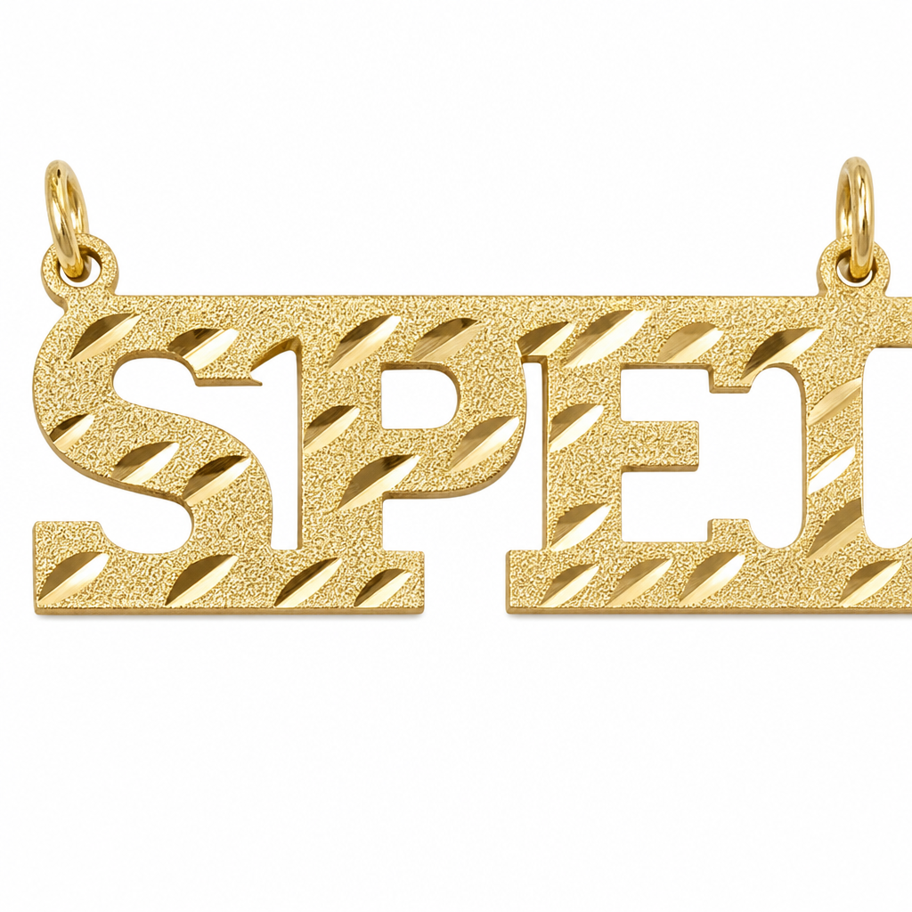 SPECIAL K 14K solid gold nameplate, detail view