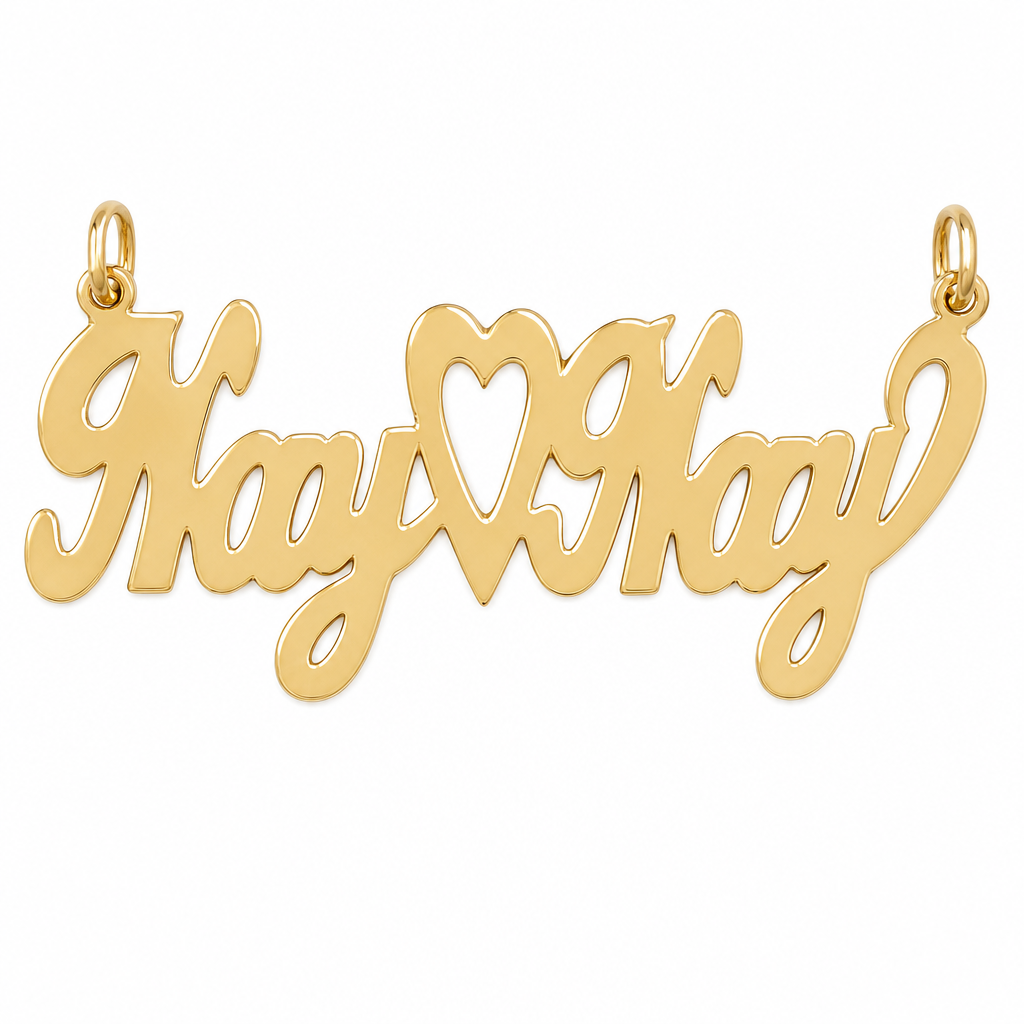 Kay Kay 14K solid gold nameplate, front view