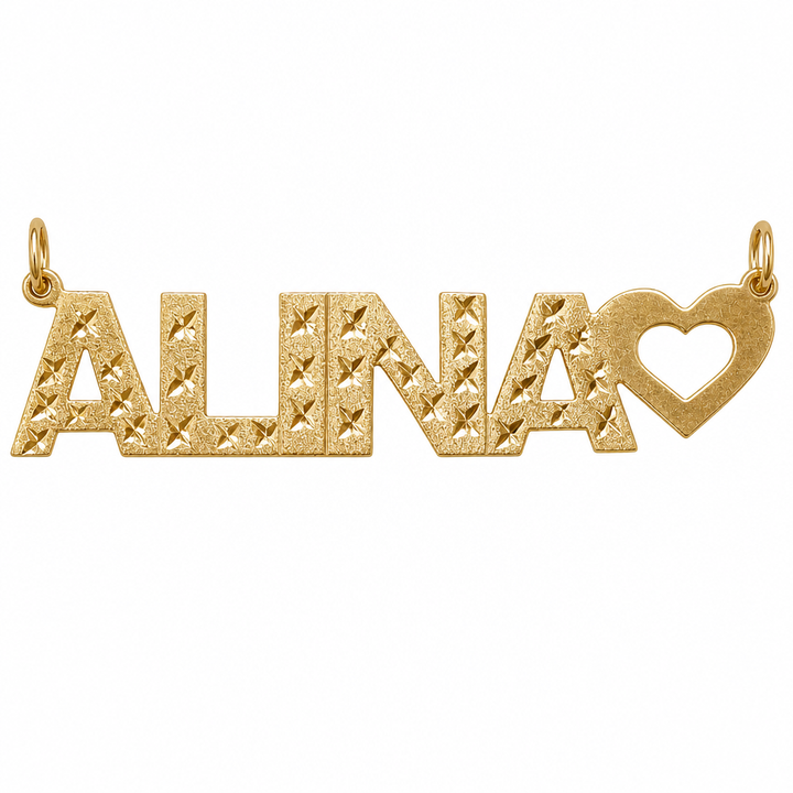 ALINA 10K solid gold nameplate, front view