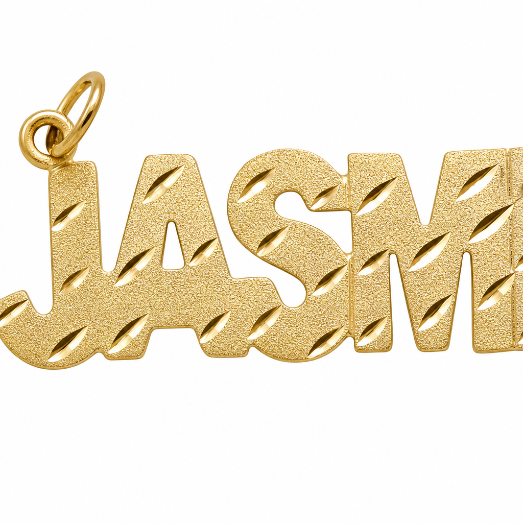 JASMENE 10K solid gold nameplate, detail view