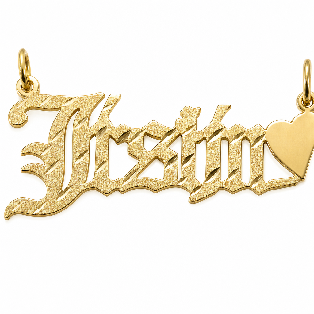 Justin 14K solid gold nameplate, detail view