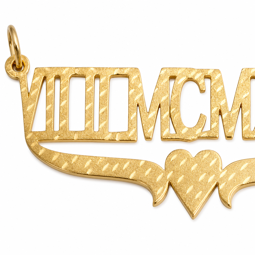 VIII MCMXCVI 14K solid gold nameplate, detail view