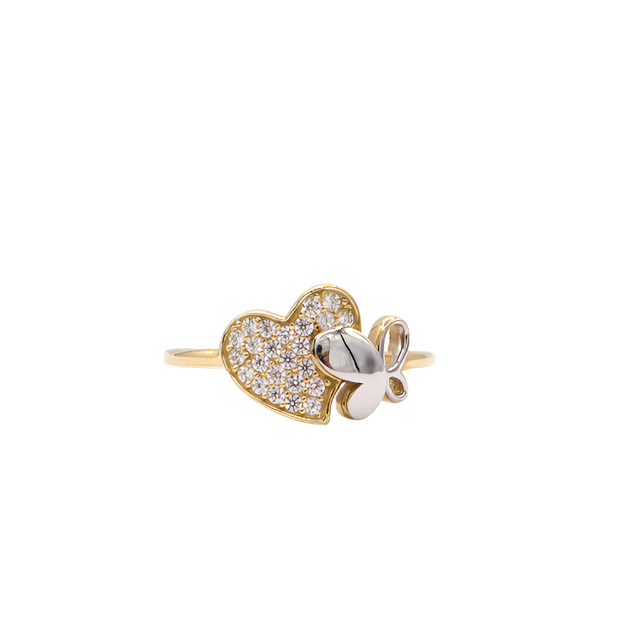 10K Solid White Gold CZ Heart Ring with White Gold Butterfly