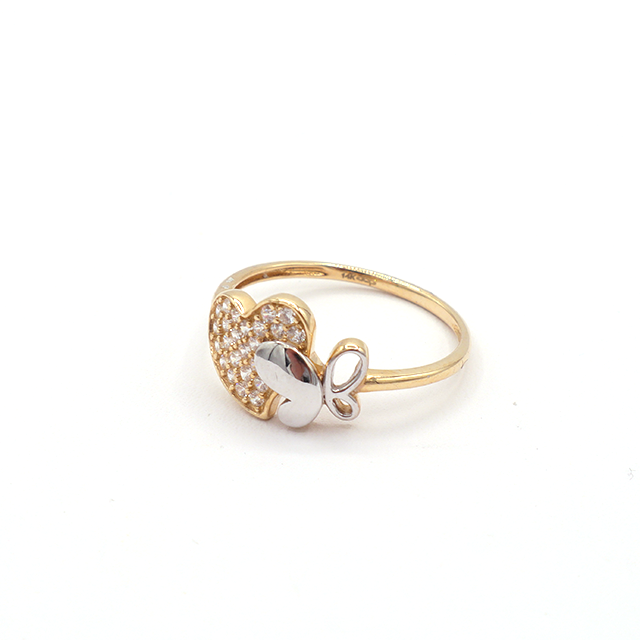 10K Solid White Gold CZ Heart Ring with White Gold Butterfly