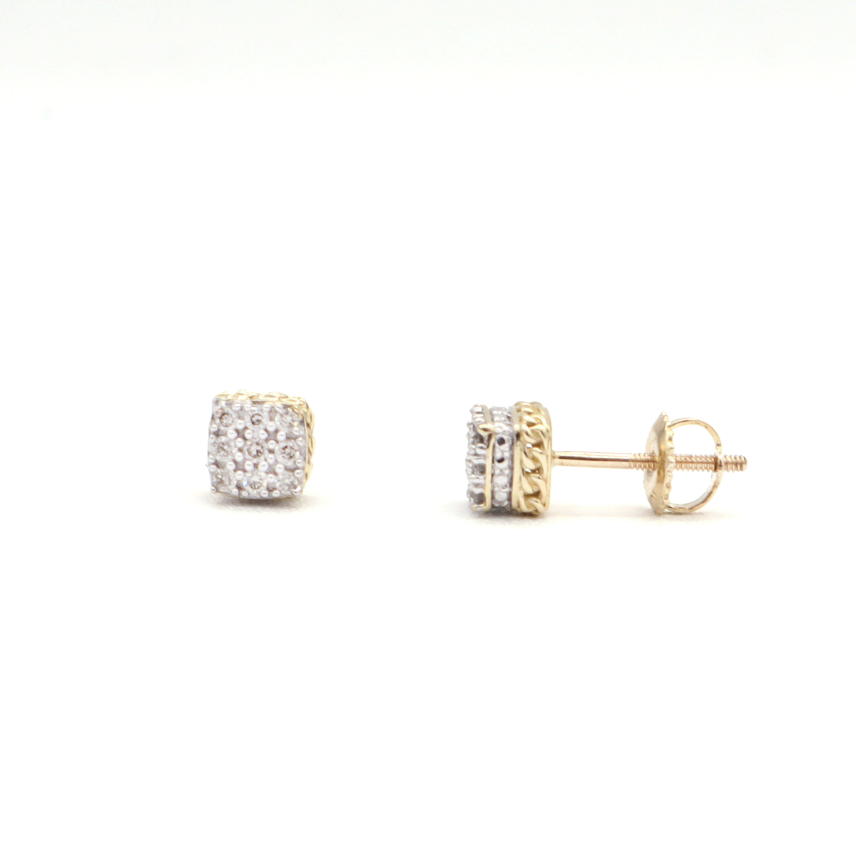 10K Solid Yellow Gold Square Diamond Cuban Frame Stud Earrings