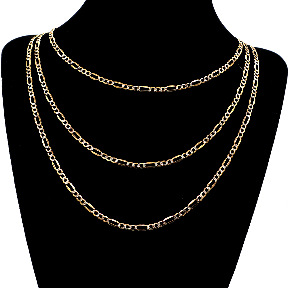 14K Solid Two-Tone Gold 3.35mm Figaro Chain (Diamond-Cut) 16-26"