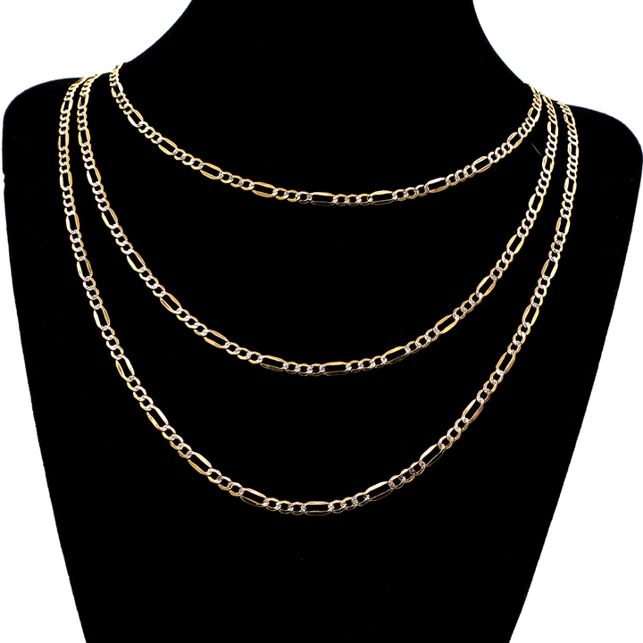 14K Solid Two-Tone Gold 3.35mm Figaro Chain (Diamond-Cut) 16-26"