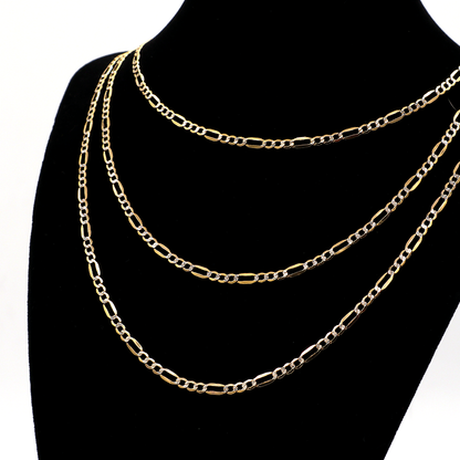 3.35MM Stylish Figaro with White Gold Diamond Cut 14K Real Yellow Gold Chains Necklace - STF DIAMONDS