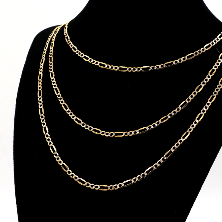 14K Solid Two-Tone Gold 3.35mm Figaro Chain (Diamond-Cut) 16-26"
