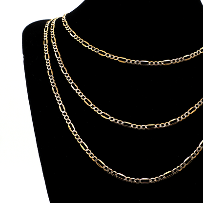 3.35MM Stylish Figaro with White Gold Diamond Cut 14K Real Yellow Gold Chains Necklace - STF DIAMONDS