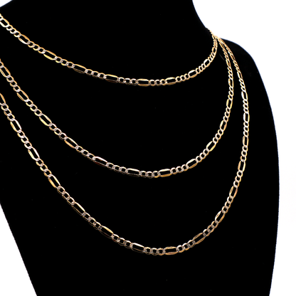 3.35MM Stylish Figaro with White Gold Diamond Cut 14K Real Yellow Gold Chains Necklace - STF DIAMONDS